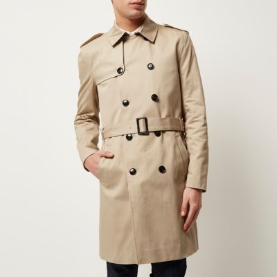Stone long double breasted mac coat